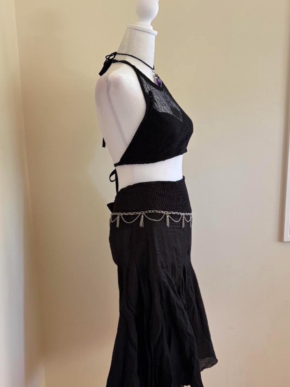 Vintage 90s floral mesh halter top black sheer knit fishnet goth hippie boho S-M - Picture 6 of 11